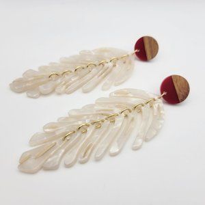 Boho Shimmering Red Cream Monstera Leaf Wood Push-back Stud Fashion Earrings
